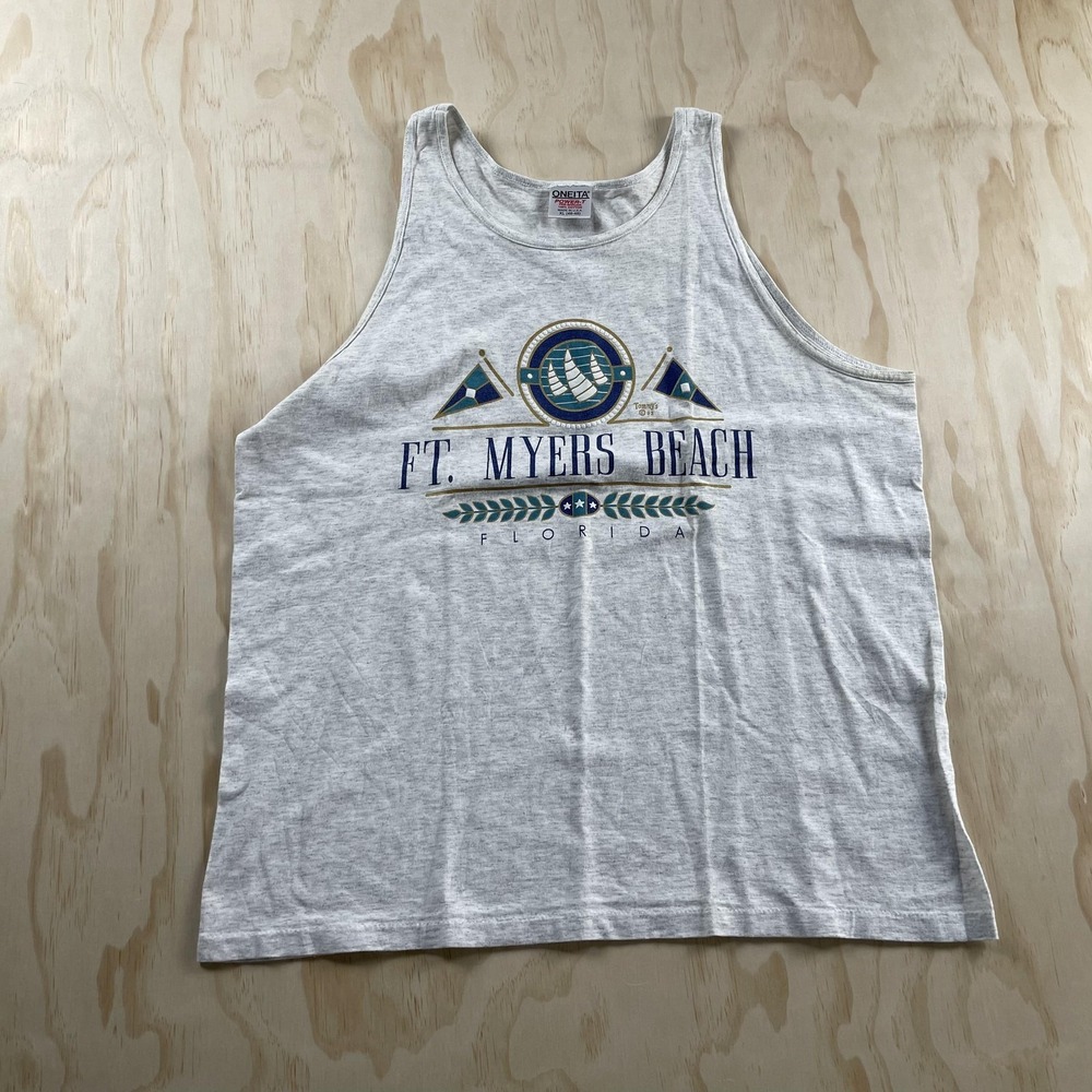 Vintage Ft Myers Beach ONEITA‎ Shirt Mens XL Gray Florida Beach Graphic Tank Top